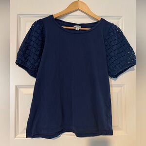 J Crew Navy Blue Women's Top with Crochet Lace Sleeves